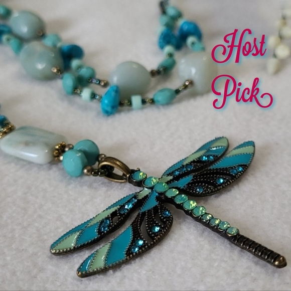 Dragonfly Artisan Necklace Hand Crafted Beaded Turquoise Stones Crystals 16.5" - Picture 2 of 14